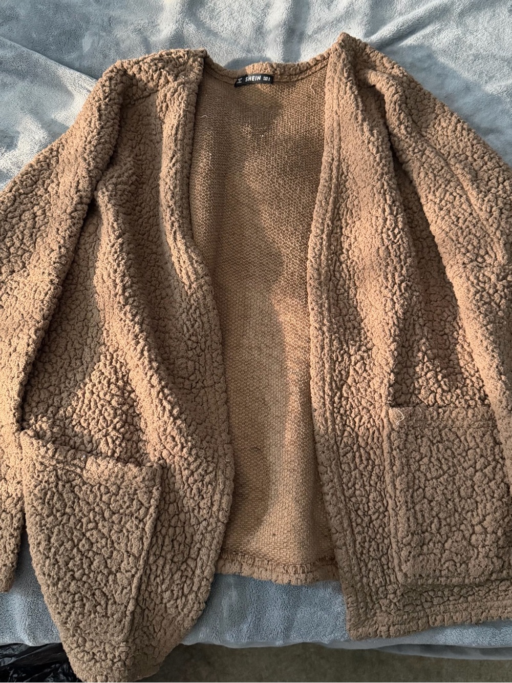 SHEIN Taupe Teddy Sherpa Open Cardigan